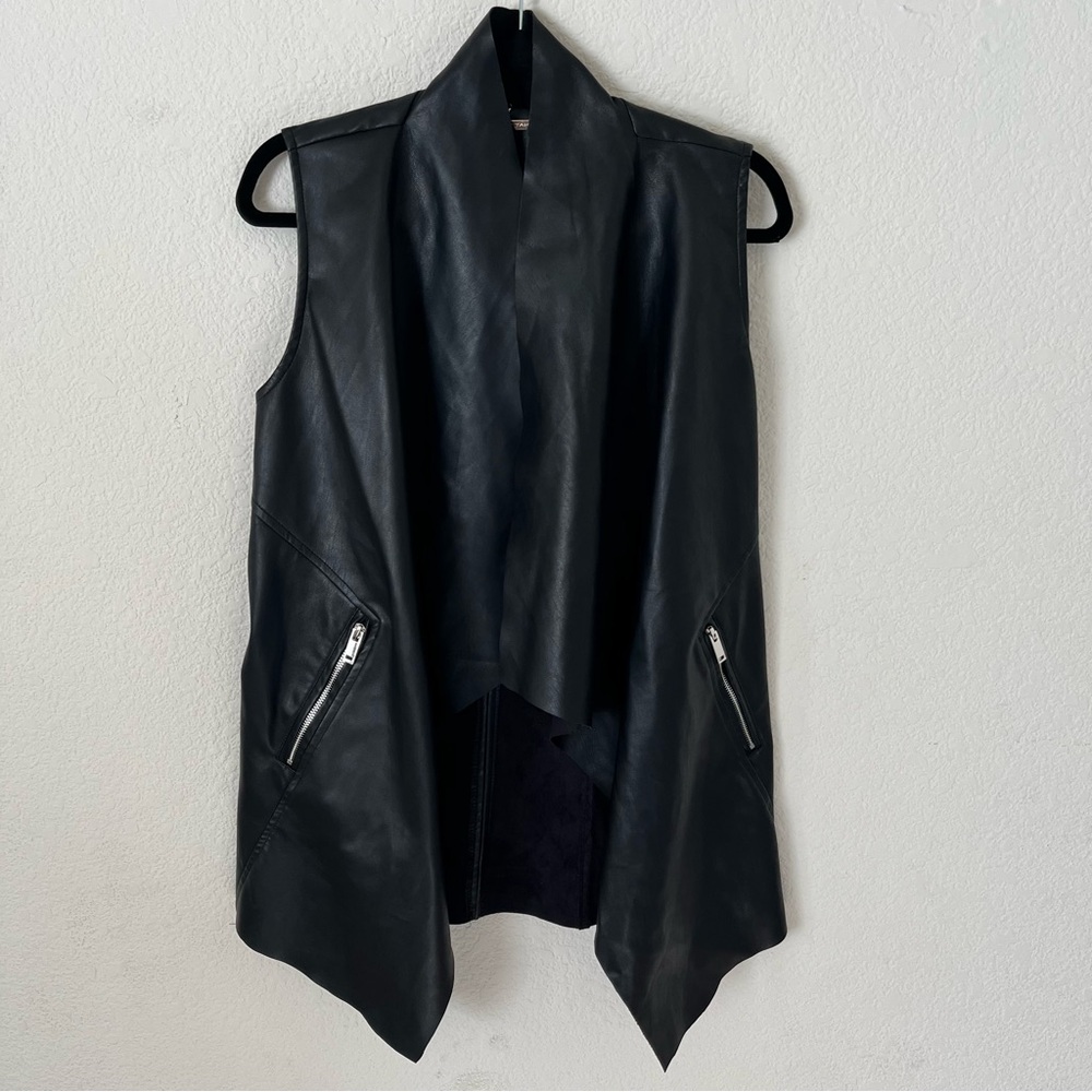 T Tahari Faux Leather Black Open Front Draped Collar Vest